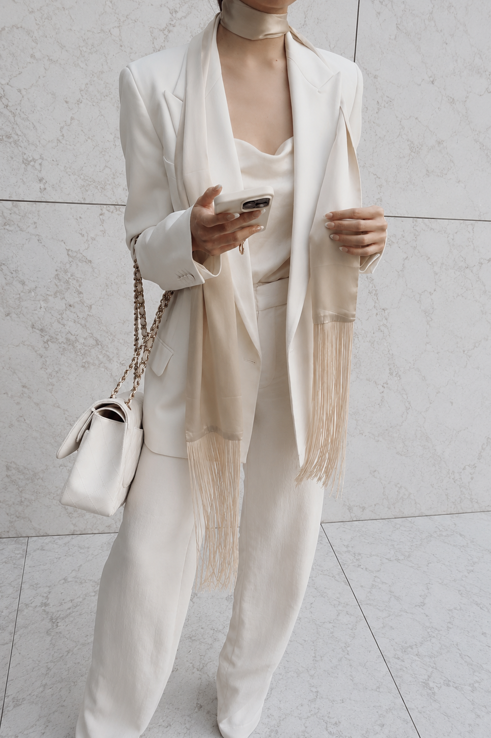 The Alina Silk Fringe Scarf 100% Silk -  Champagne Gold (Pre-Order, 4-5 Weeks)
