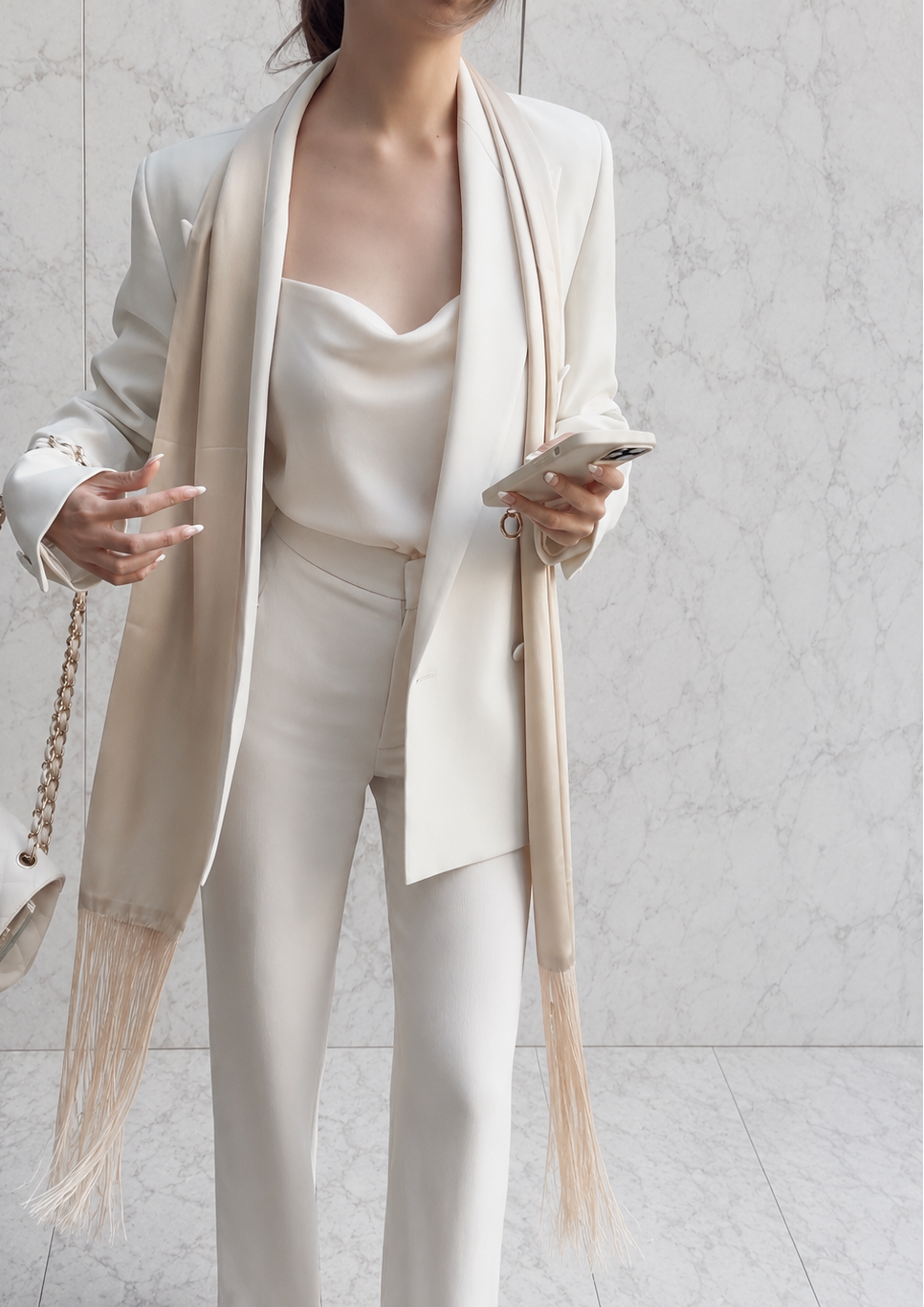 The Alina Silk Fringe Scarf 100% Silk -  Champagne Gold (Pre-Order, 4-5 Weeks)