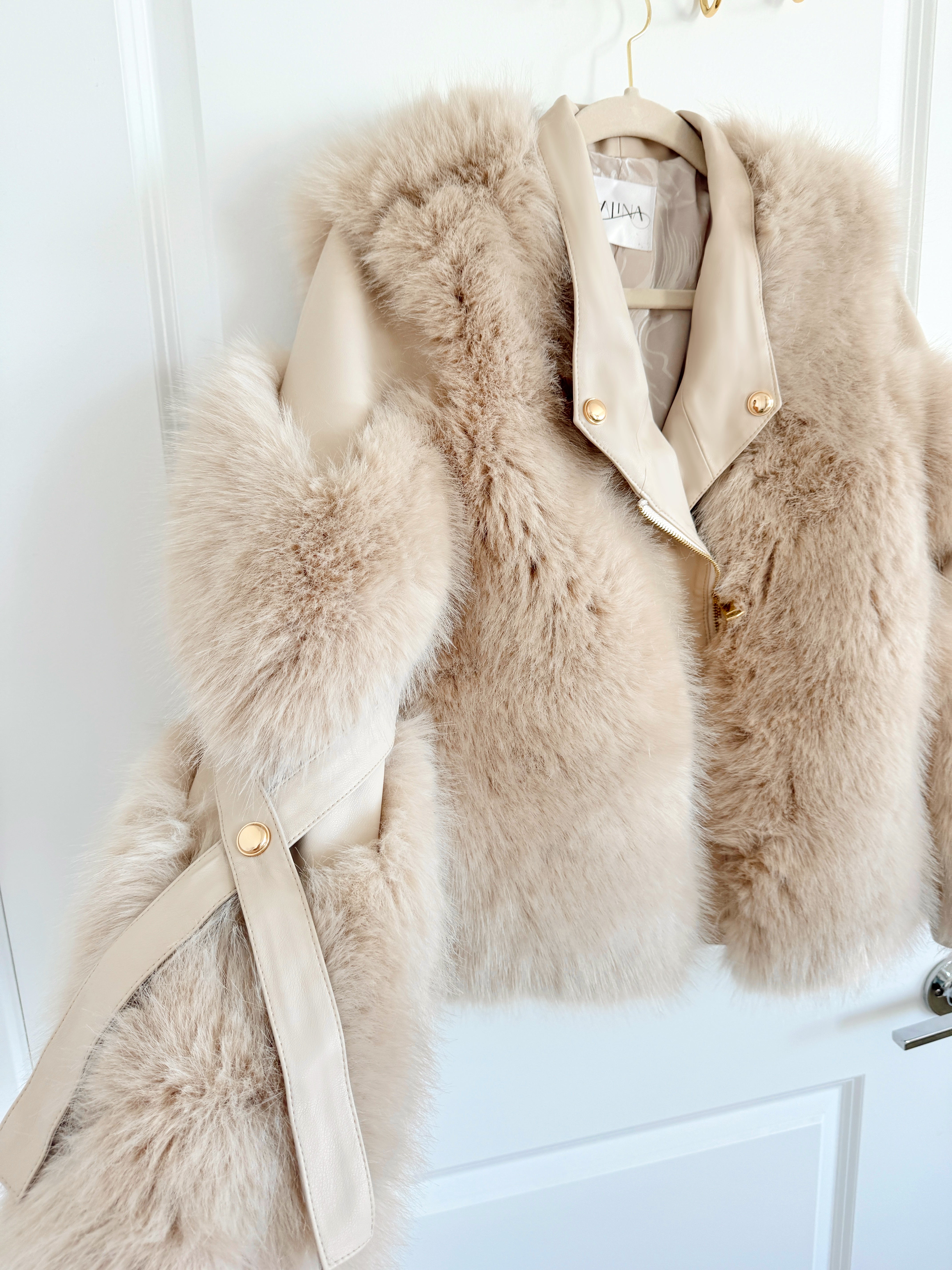 Faux Fur & Vegan Leather Jacket - Beige with Gold Hardware