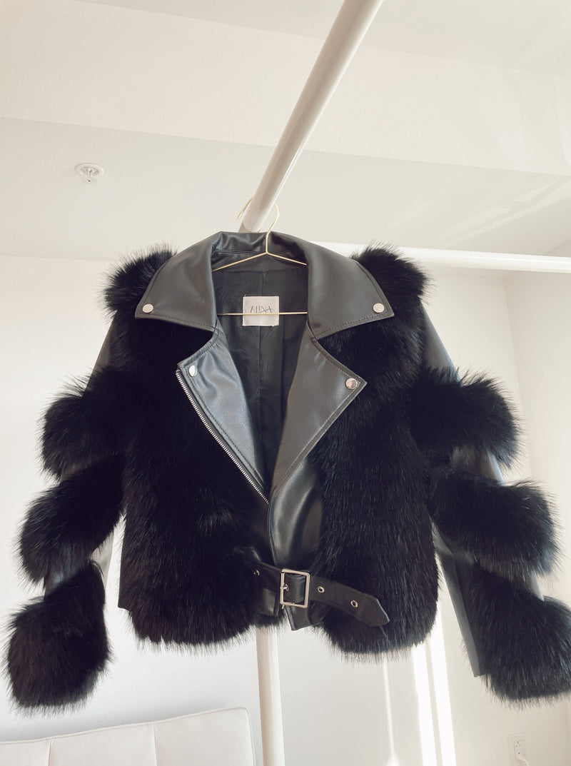 Faux Fur & Vegan Leather Jacket - Black