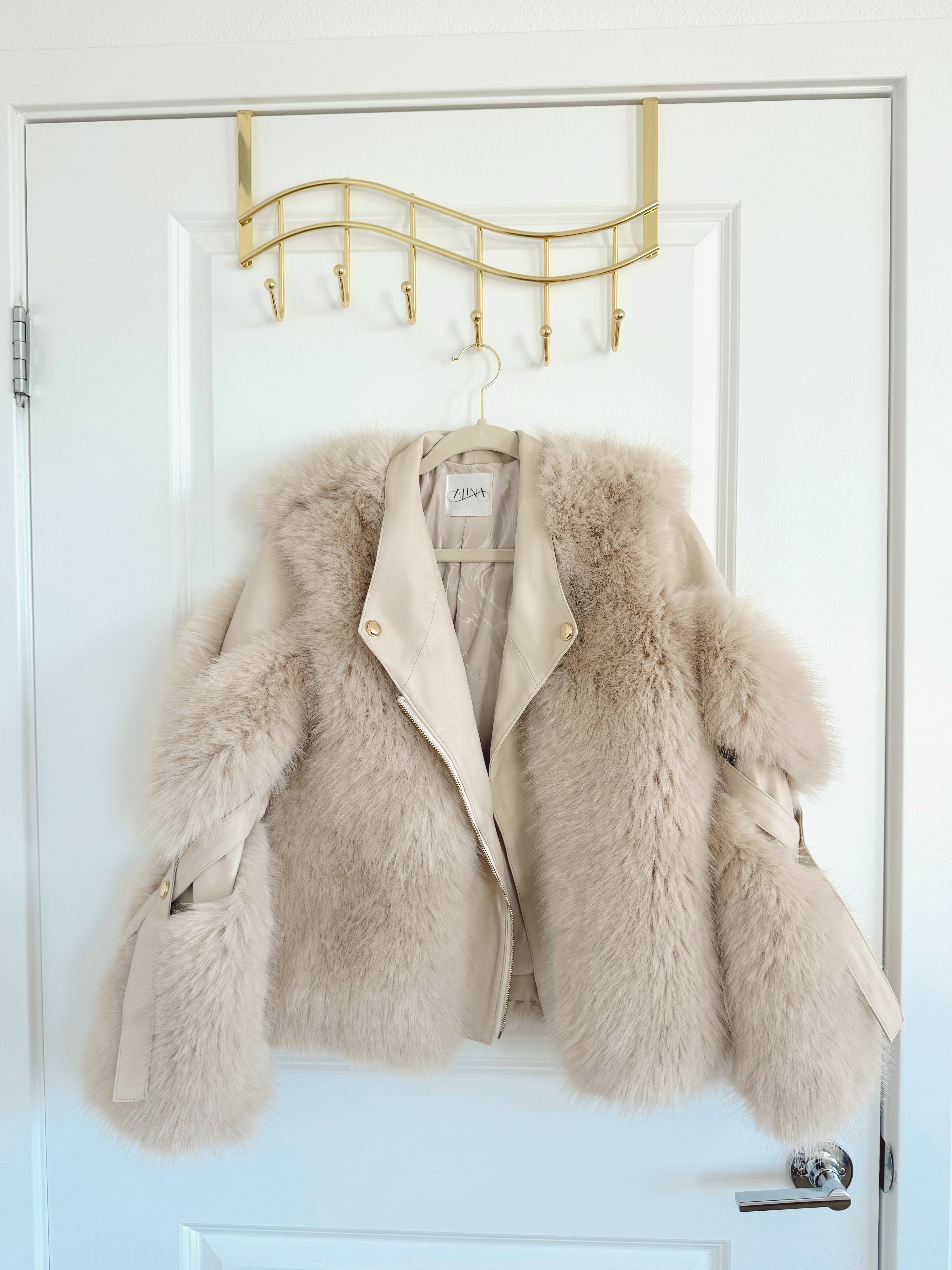 Faux Fur & Vegan Leather Jacket - Beige with Gold Hardware