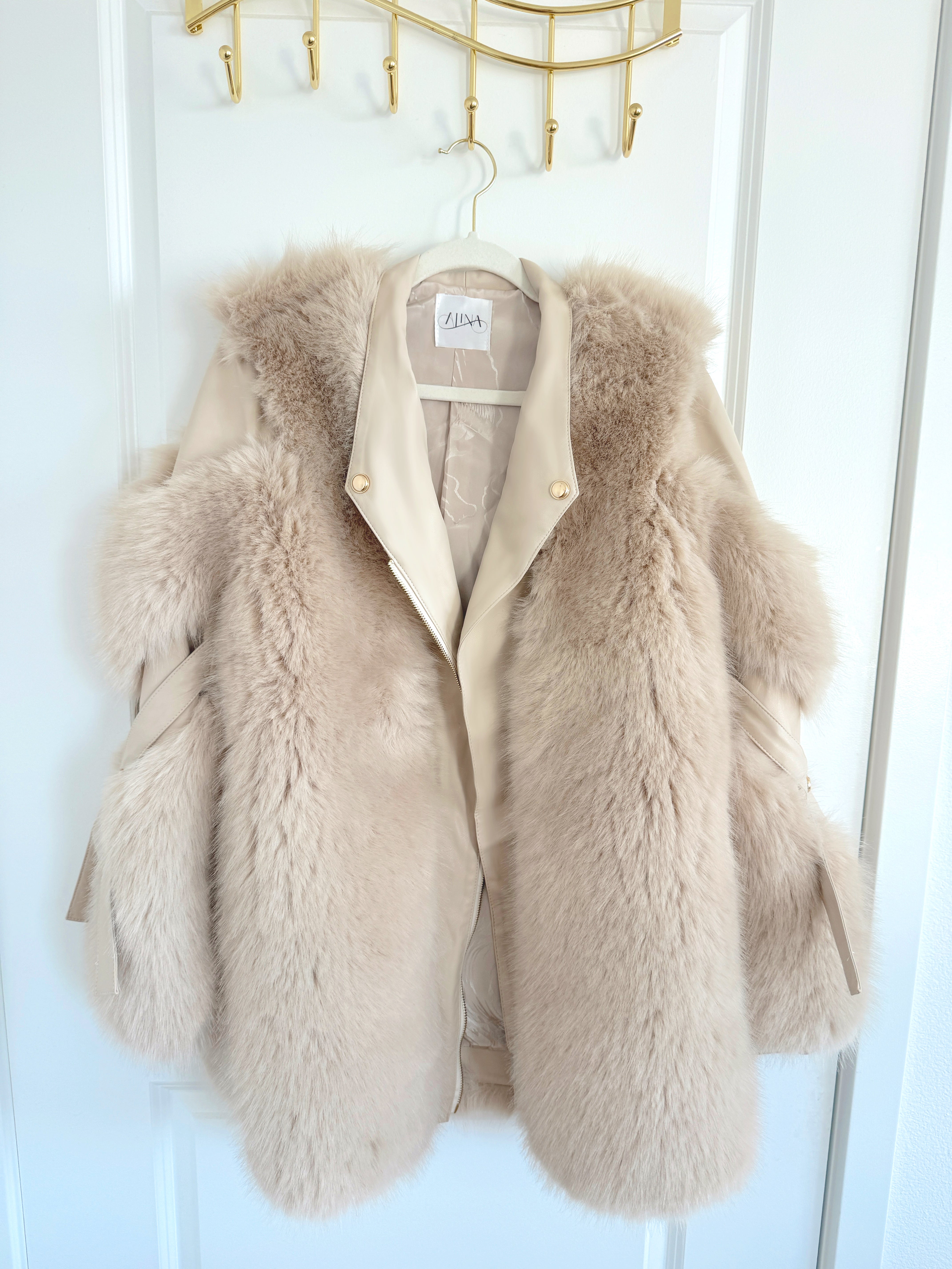 Faux Fur Vegan Leather Long Coat - Beige with Gold Hardware